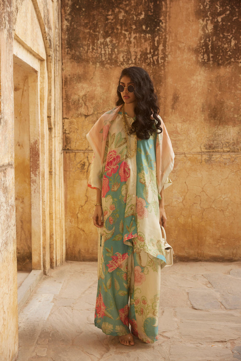 PH-2343 Kurta Trouser 
Inner Set-Ivory, ice blue with multi color print mul by Paulmi & Harsh in multi color for women in Singapore