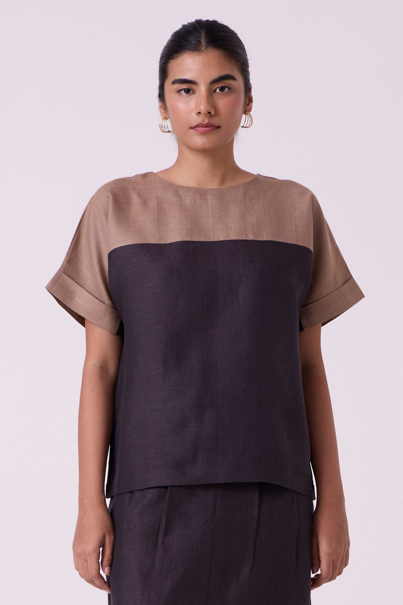 Jiku Charcoal Colourblocked Linen Top linen top/shirt by The Summer House in black for women in Singapore
