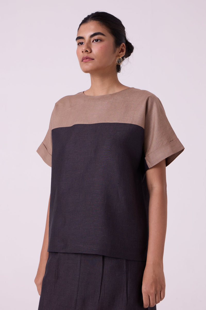 Jiku Charcoal Colourblocked Linen Top linen top/shirt by The Summer House in black for women in Singapore