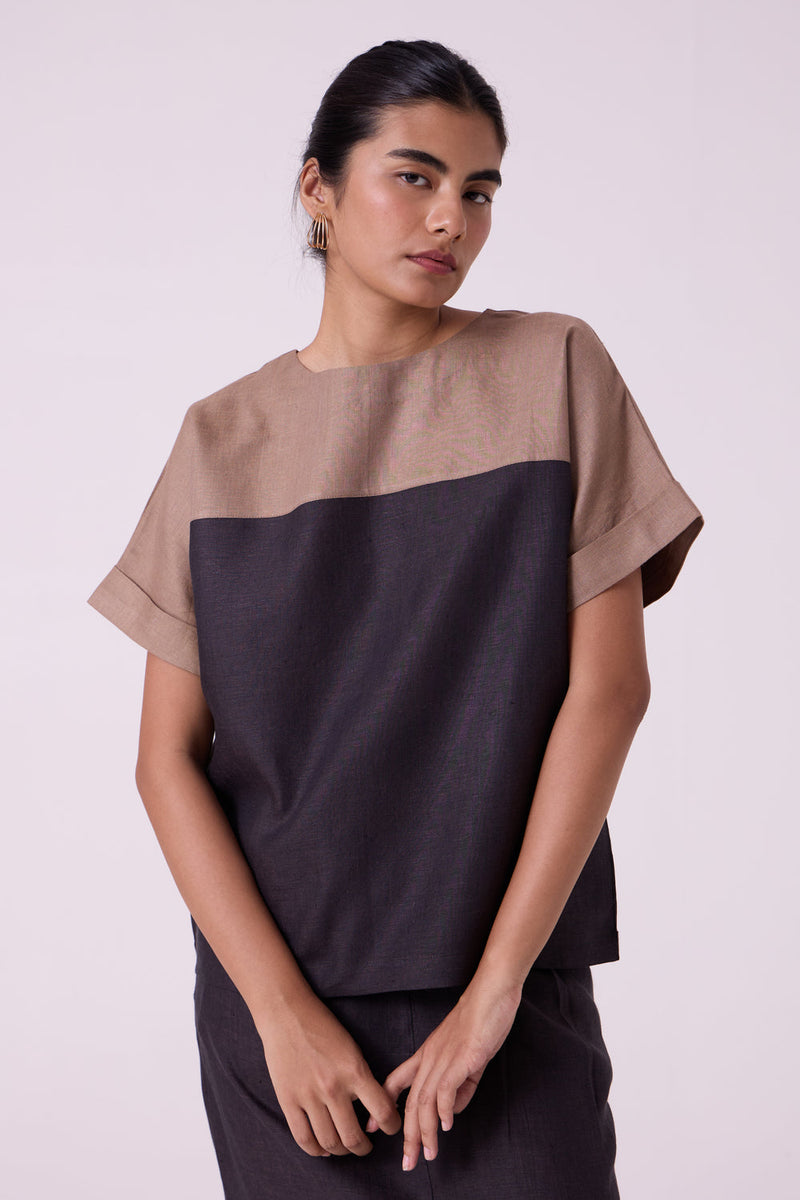 Jiku Charcoal Colourblocked Linen Top linen top/shirt by The Summer House in black for women in Singapore