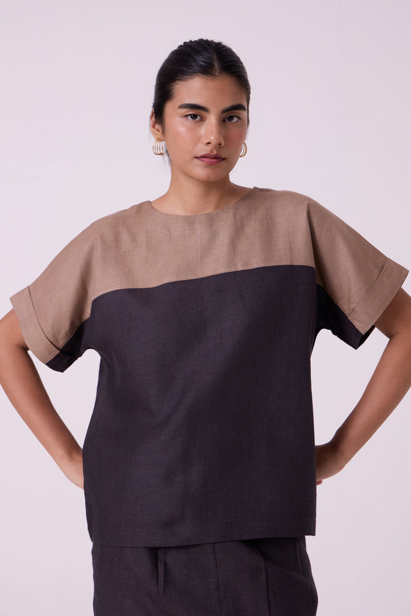 Jiku Charcoal Colourblocked Linen Top linen top/shirt by The Summer House in black for women in Singapore
