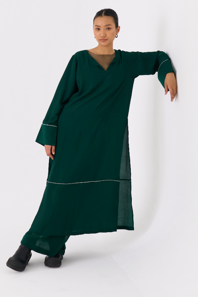 V-NECK KAFTAN- DARK GREEN bemberg by THREE in green color for women in Singapore