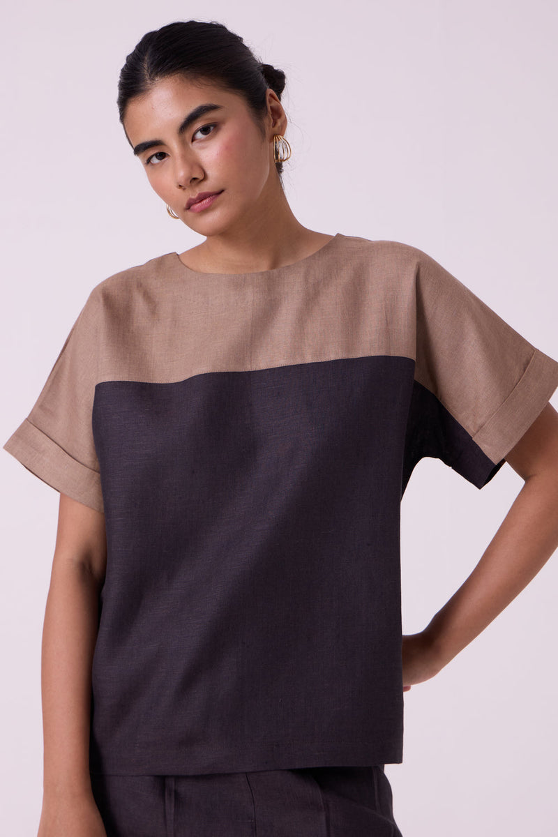 Jiku Charcoal Colourblocked Linen Top linen top/shirt by The Summer House in black for women in Singapore
