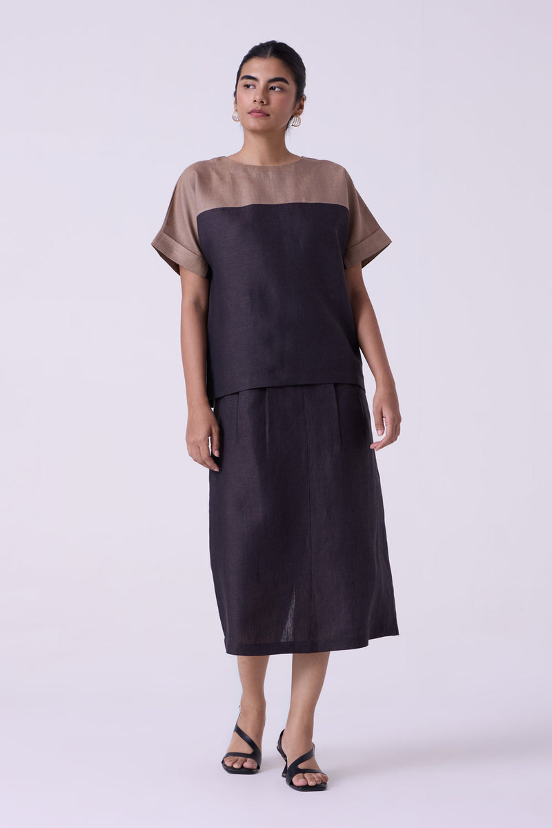Jiku Charcoal Colourblocked Linen Top linen top/shirt by The Summer House in black for women in Singapore