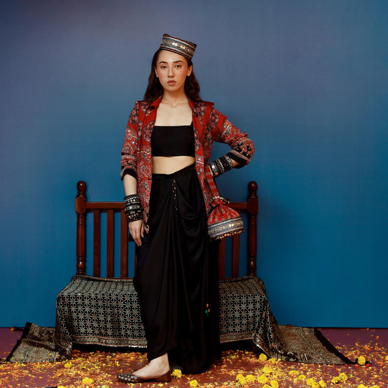 Baithak Red Ajrak Jacket Set