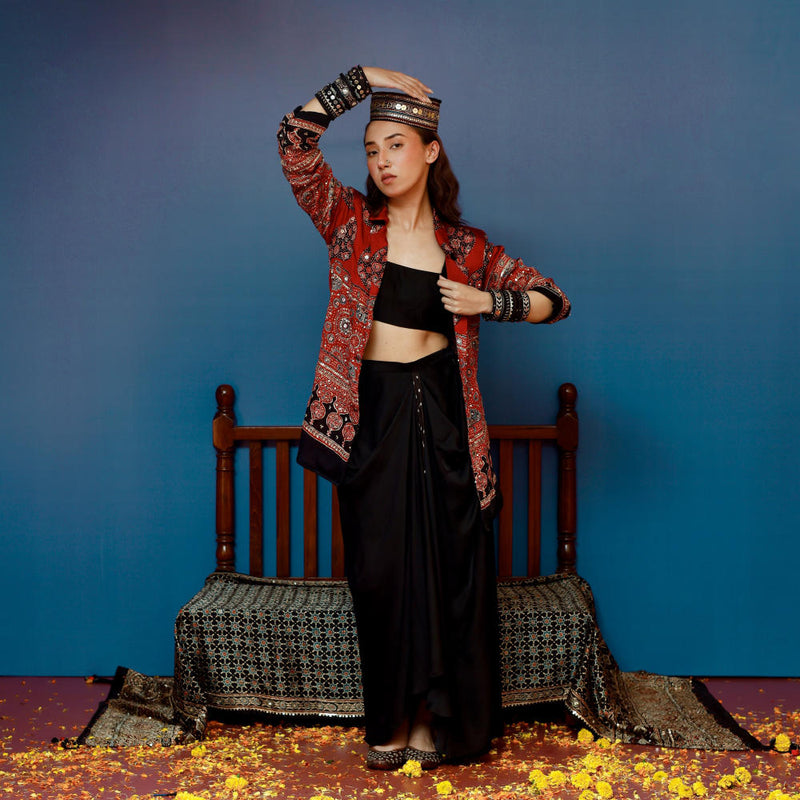 Baithak Red Ajrak Jacket Set