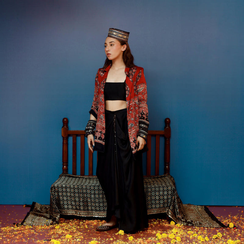 Baithak Red Ajrak Jacket Set