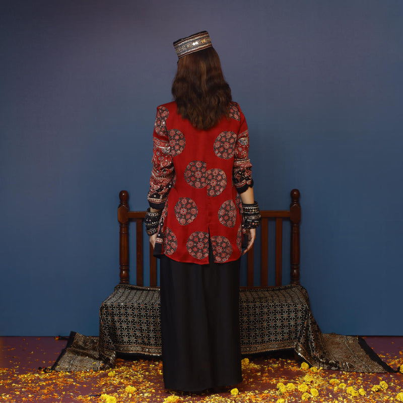 Baithak Red Ajrak Jacket Set