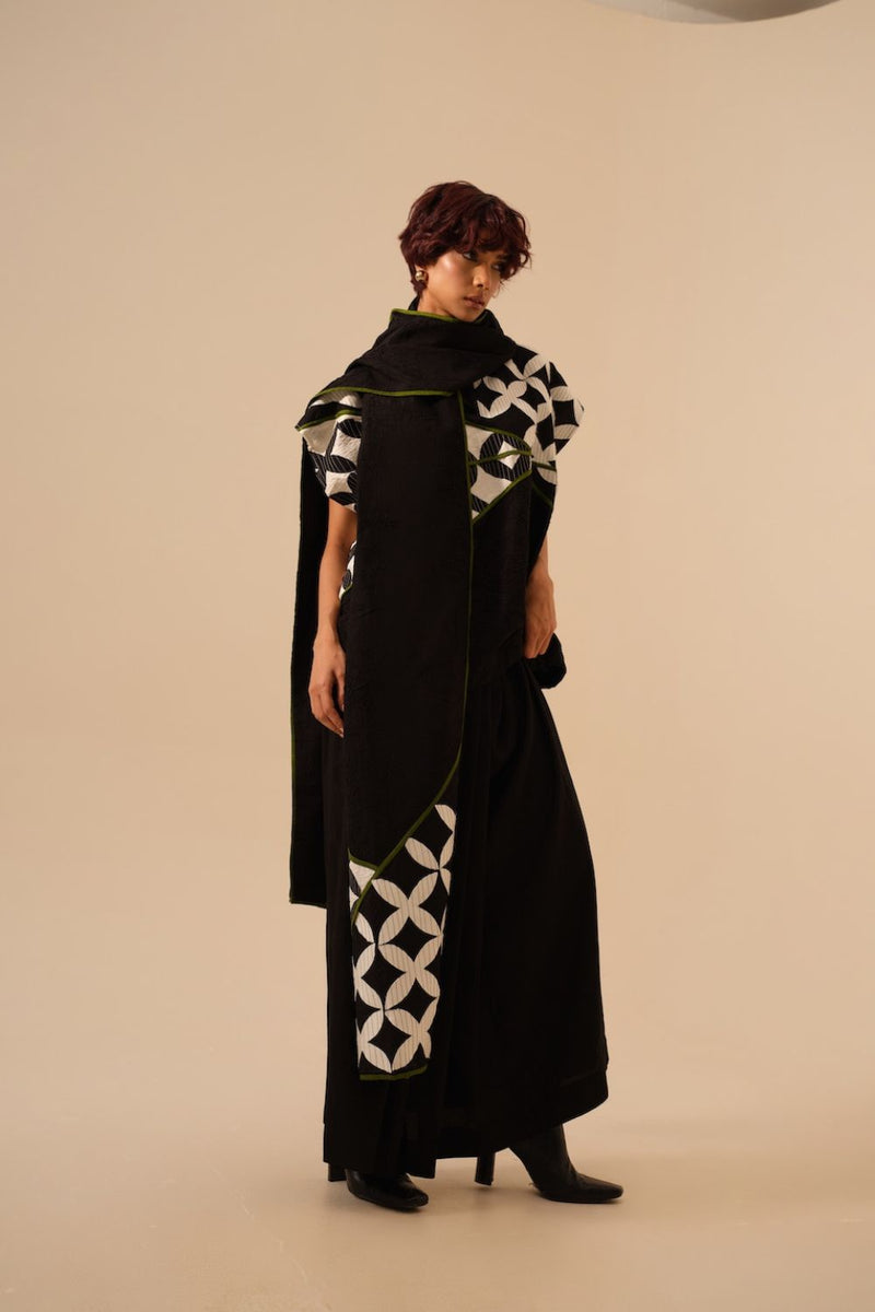 Mist Scarf-Black + Natural + Jade crushed silk scarf by Stoique in black for women in Singapore