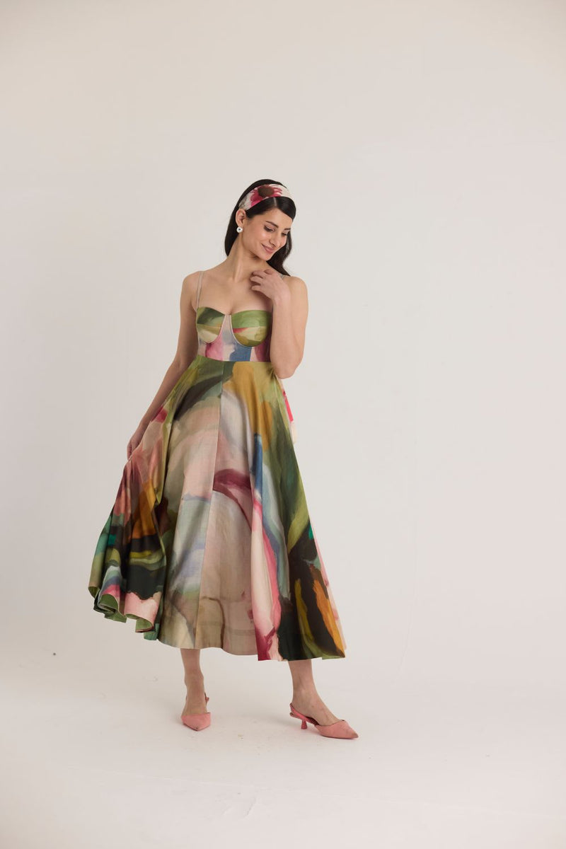 TILLY FLARED BRALETTE DRESS satin by Yam in multi color for women in Singapore