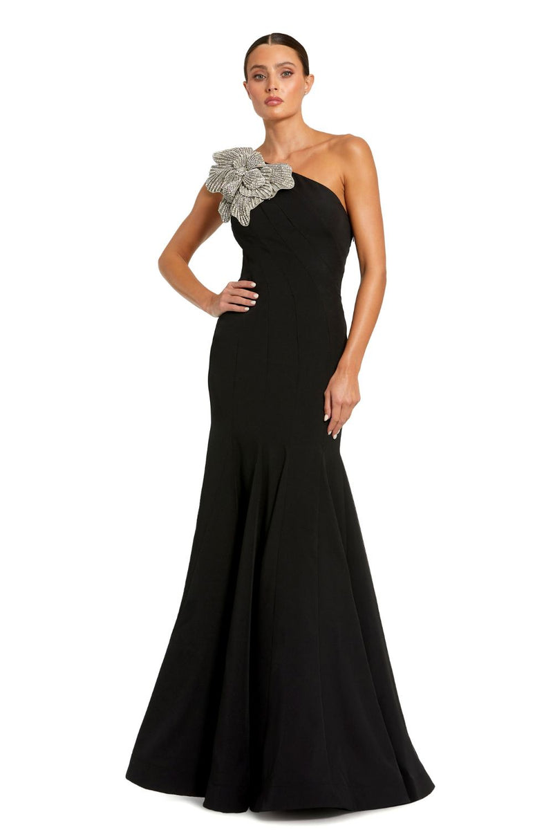 11810-Crepe One Shoulder Gown With Flower by Mac Duggal in black color for women in Singapore