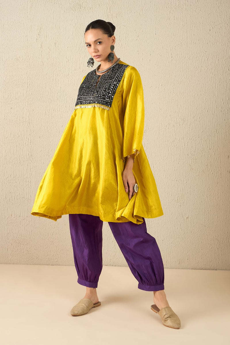 AFGHANI SILK SET - Yellow upper, Purple pants silk by Aavidi in yellow color for women in Singapore