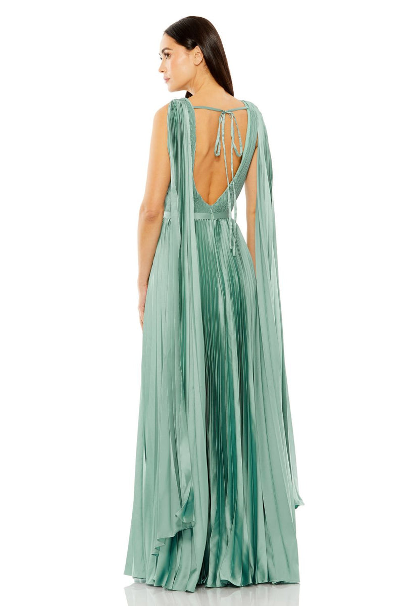 49716-Sleeveless High Neck Cape Back Heat Pleated Gown satin by Mac Duggal in blue color for women in Singapore