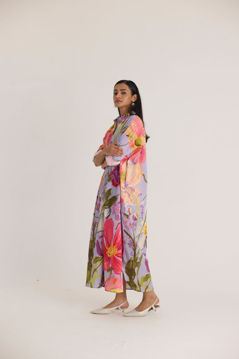 DOLLY PURPLE SHIRT DRESS satin by Yam in multi color for women in Singapore
