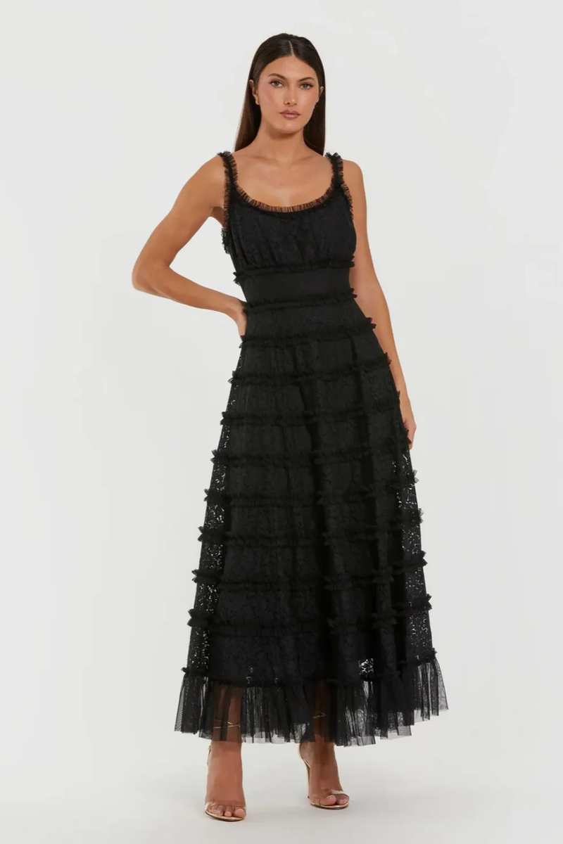 Black Sleeveless Lace A Line Midi Dress With Ruffles by Mac Duggal in black color for women in Singapore