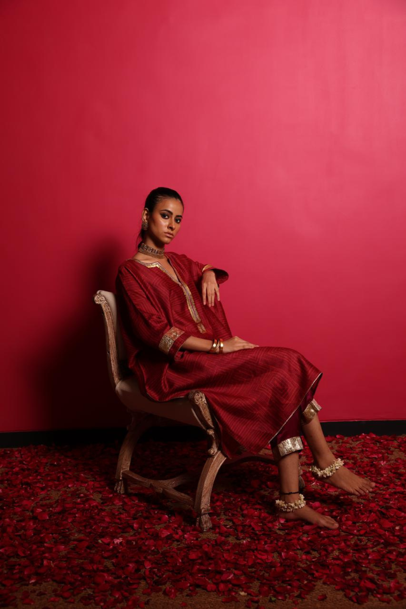 Geometric Print Tussore Kurta & Pant Set