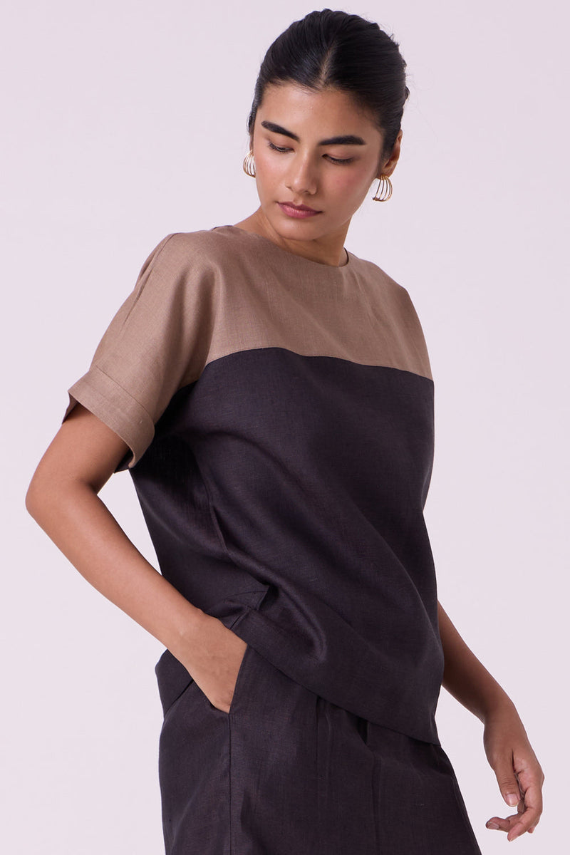 Jiku Charcoal Colourblocked Linen Top linen top/shirt by The Summer House in black for women in Singapore