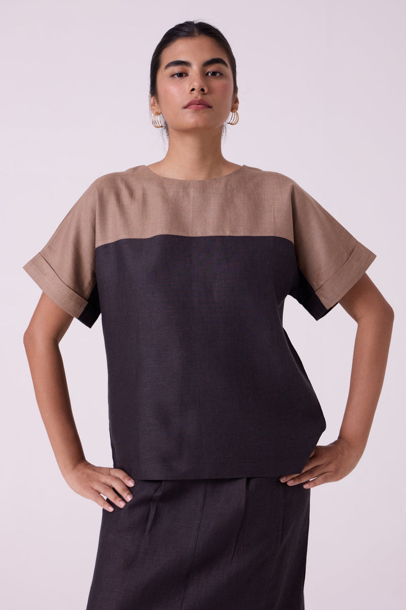 Jiku Charcoal Colourblocked Linen Top linen top/shirt by The Summer House in black for women in Singapore