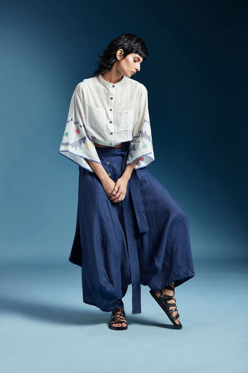 Abir Trousers in Blue-Midnight Blue linen by Chola in blue color for women in Singapore