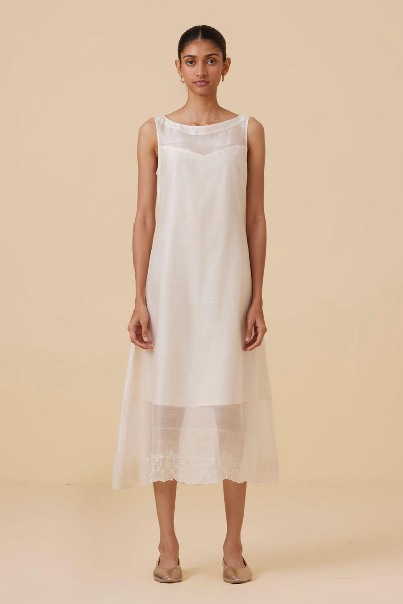 Reyah Handwoven Embroidered Midi Dress chanderi by The Summer House in white color for women in Singapore