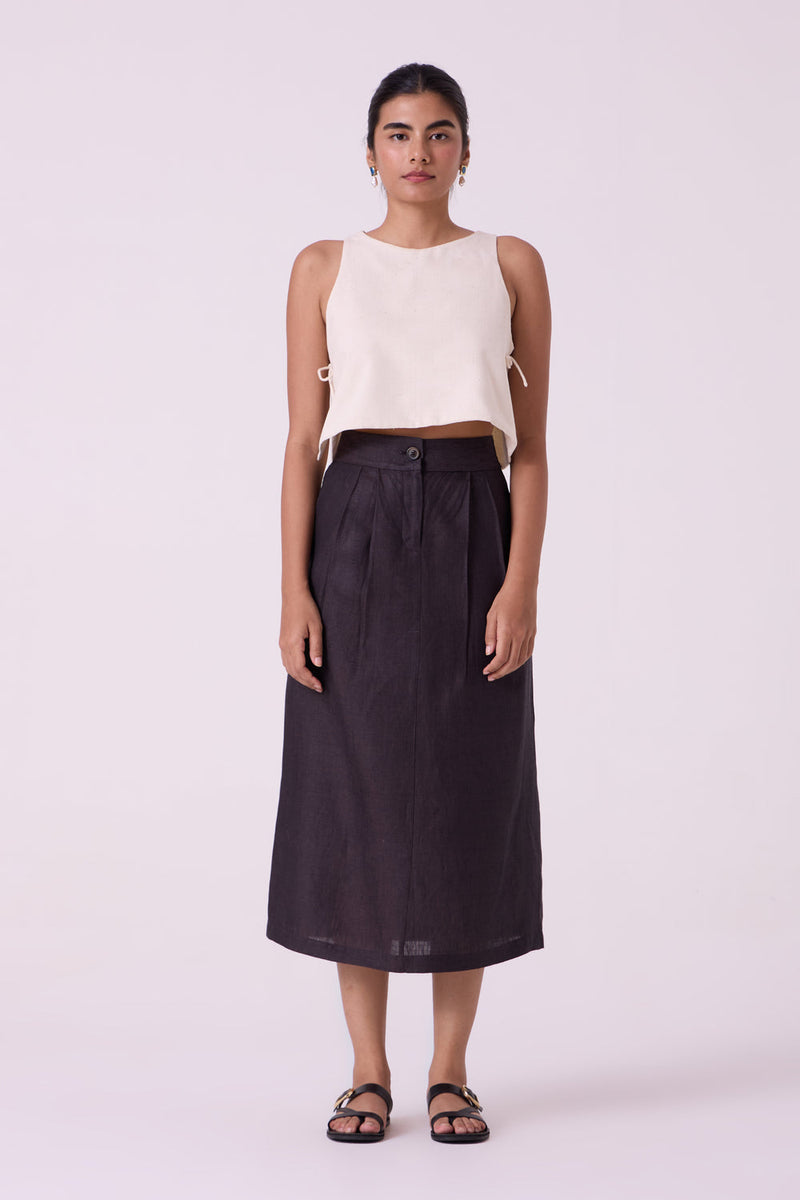Sandra Charcoal Linen Midi Skirt linen skirt by The Summer House in black for women in Singapore