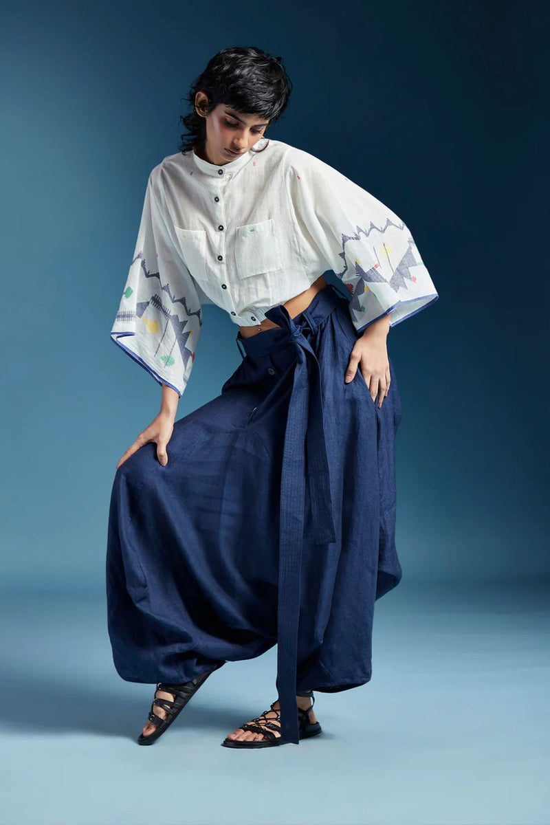 Abir Trousers in Blue-Midnight Blue linen by Chola in blue color for women in Singapore