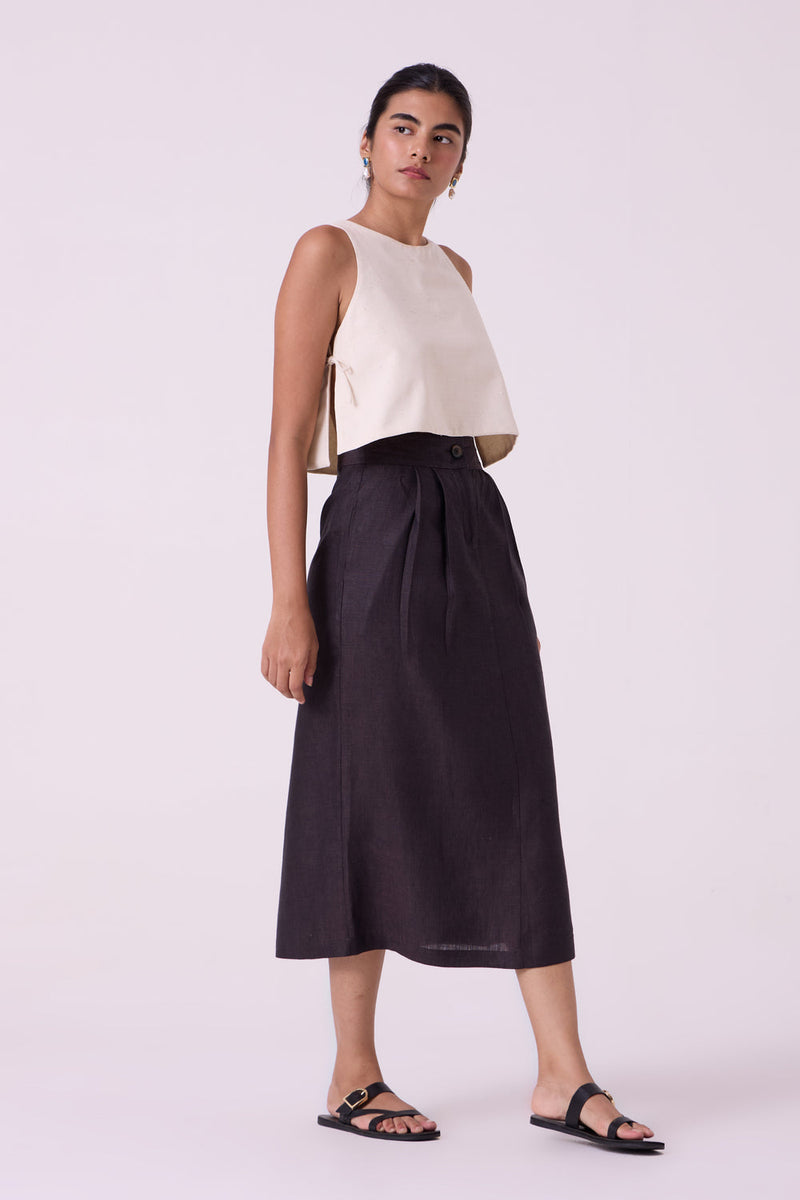 Sandra Charcoal Linen Midi Skirt linen skirt by The Summer House in black for women in Singapore