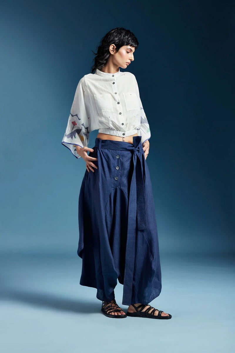Abir Trousers in Blue-Midnight Blue linen by Chola in blue color for women in Singapore