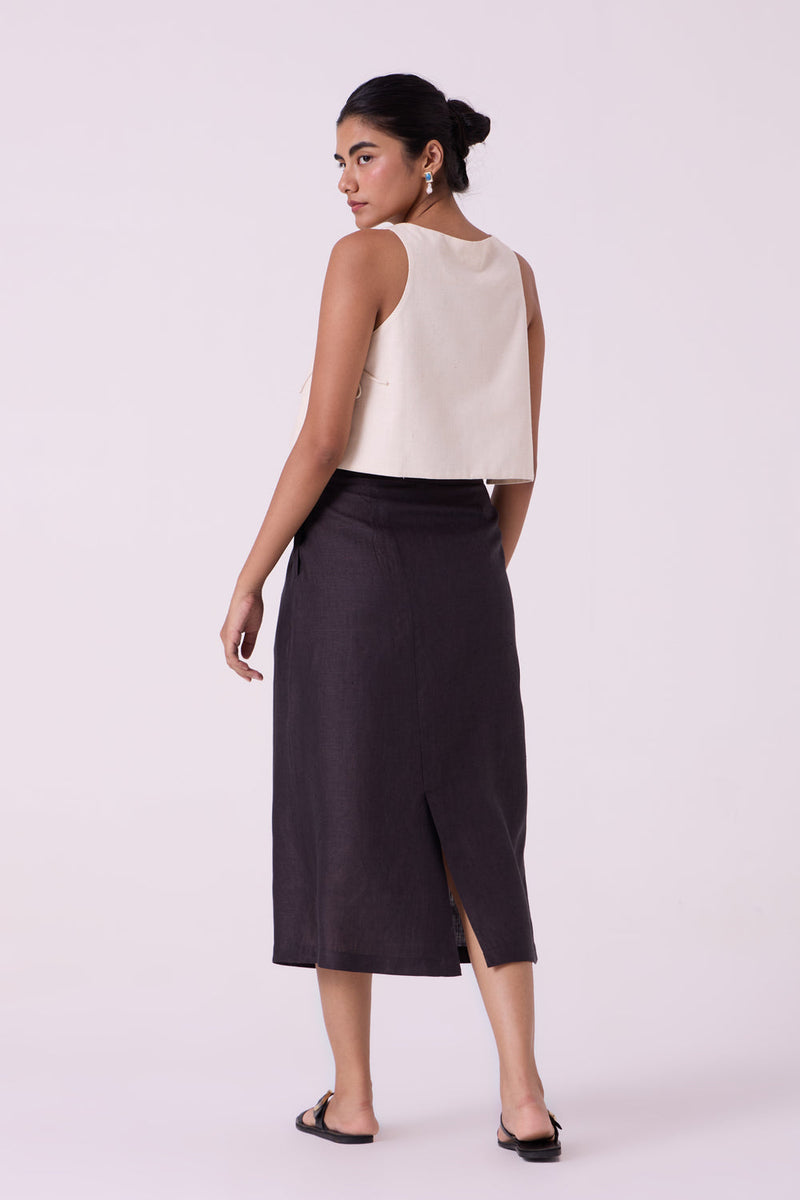 Sandra Charcoal Linen Midi Skirt linen skirt by The Summer House in black for women in Singapore