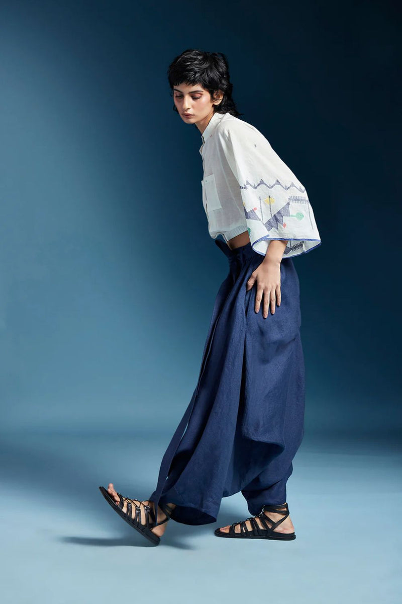 Abir Trousers in Blue-Midnight Blue linen by Chola in blue color for women in Singapore