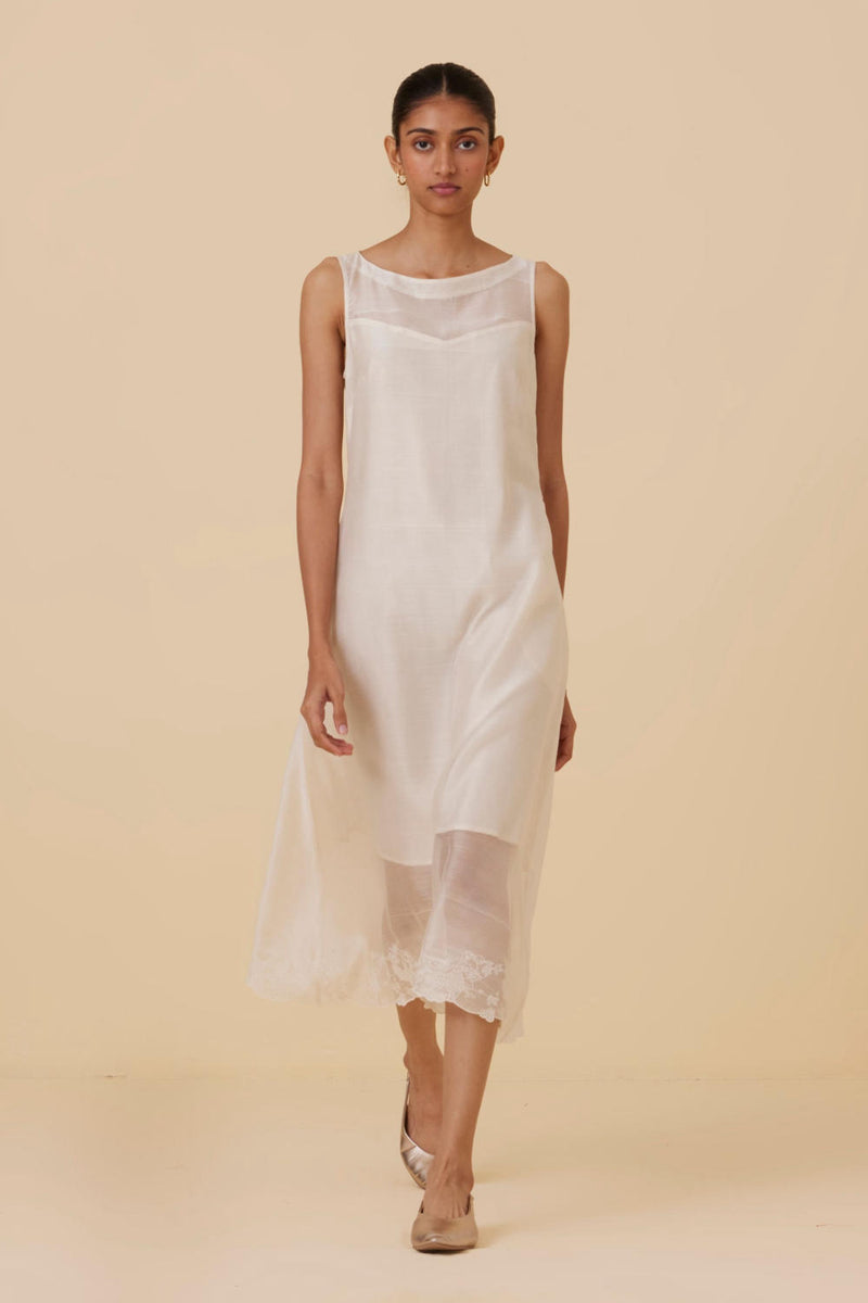 Reyah Handwoven Embroidered Midi Dress chanderi by The Summer House in white color for women in Singapore