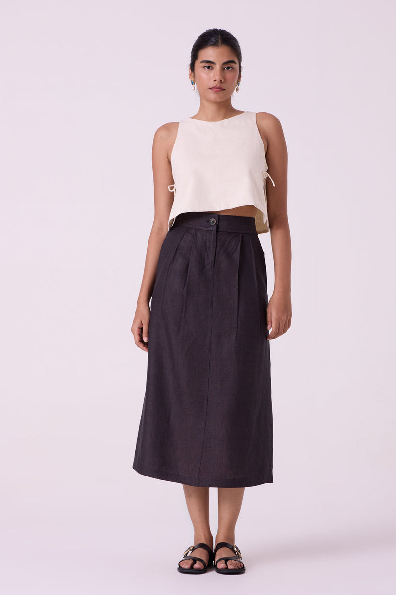 Sandra Charcoal Linen Midi Skirt linen skirt by The Summer House in black for women in Singapore