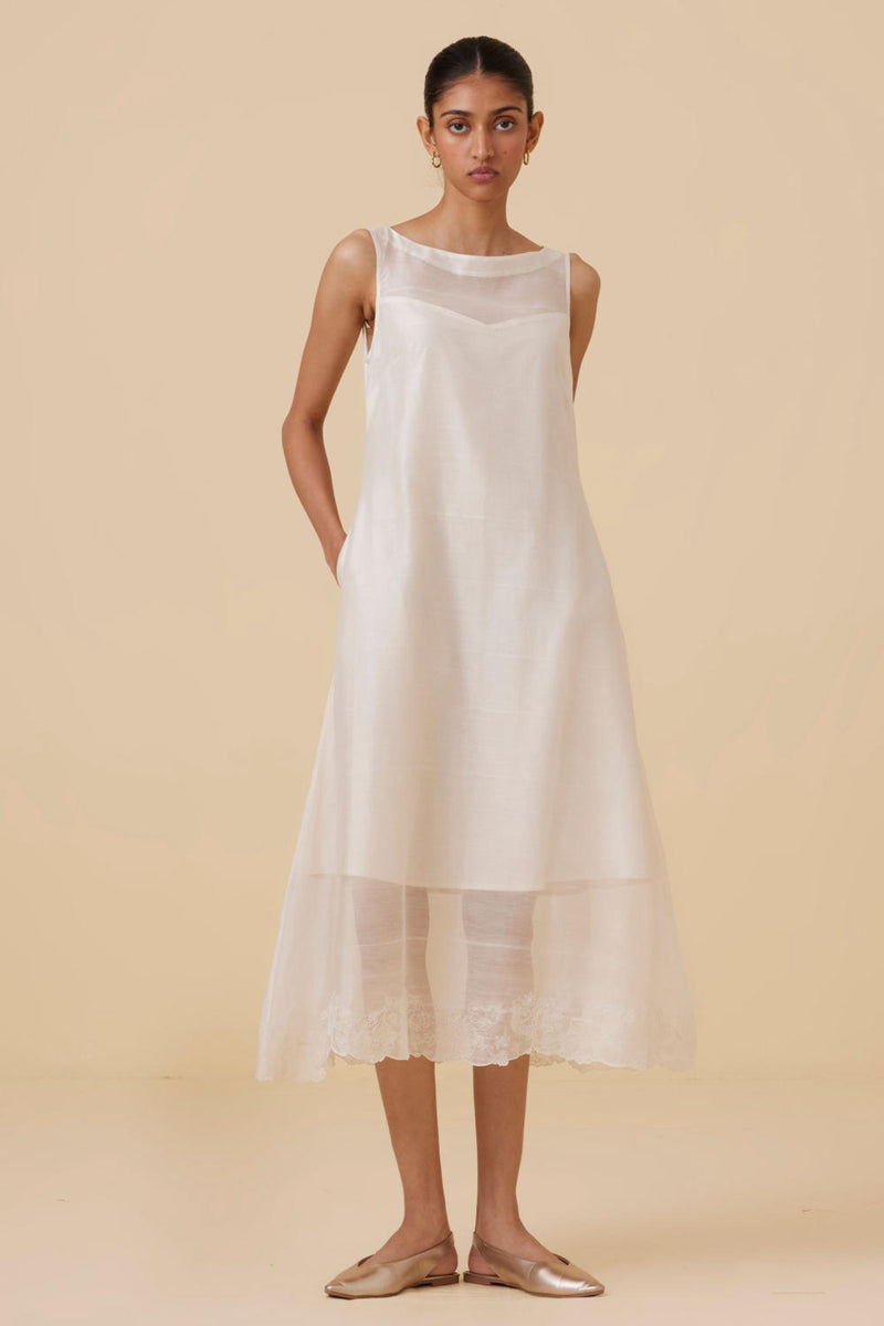 Reyah Handwoven Embroidered Midi Dress chanderi by The Summer House in white color for women in Singapore