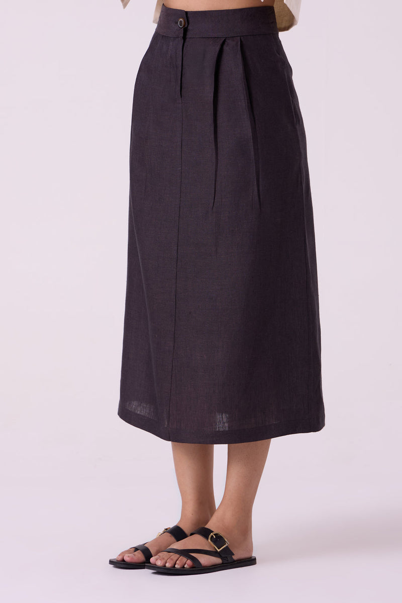 Sandra Charcoal Linen Midi Skirt linen skirt by The Summer House in black for women in Singapore