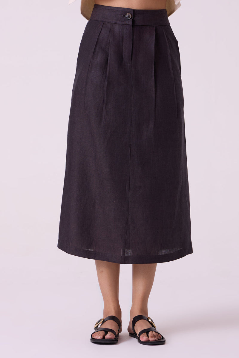 Sandra Charcoal Linen Midi Skirt linen skirt by The Summer House in black for women in Singapore
