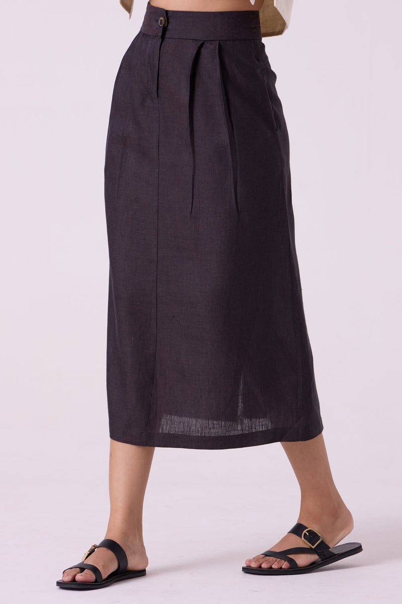 Sandra Charcoal Linen Midi Skirt linen skirt by The Summer House in black for women in Singapore