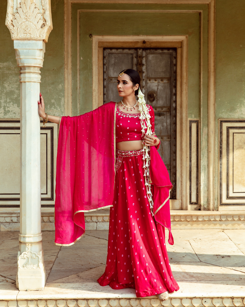 Fuchsia & White Bandhej Print Lehenga Set satin Buy Fuchsia & White Bandhej Print Lehenga Set from C&W | Lehenga Sets for Women by Maison Shefali in multi color for women in Singapore