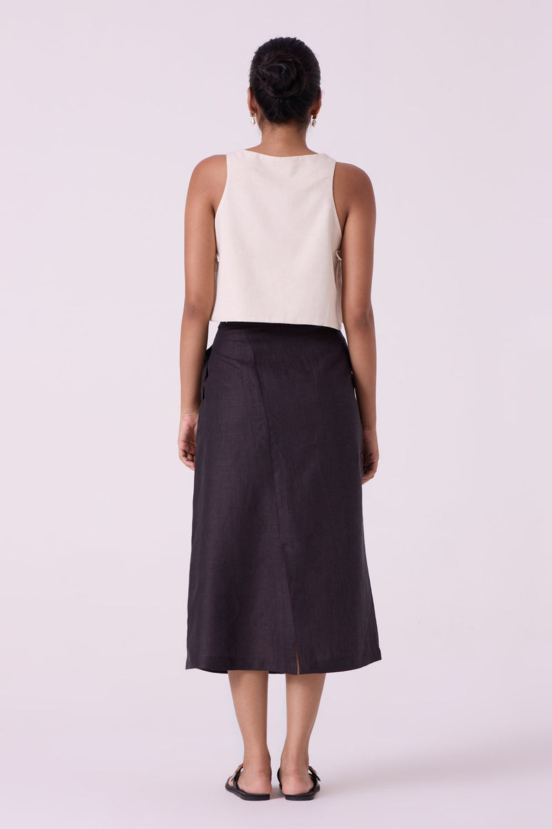 Sandra Charcoal Linen Midi Skirt linen skirt by The Summer House in black for women in Singapore