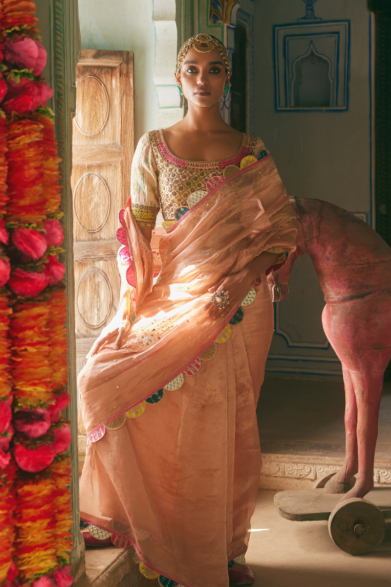 Khel Nude Pink Pearl Sprinkle Tissue Saree organza by Rajiramniq in pink color for women in Singapore