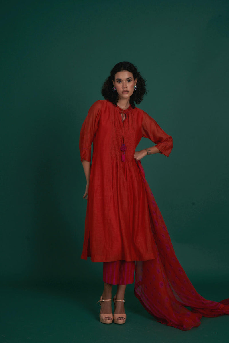 Orina mul cotton silk kurta set - red