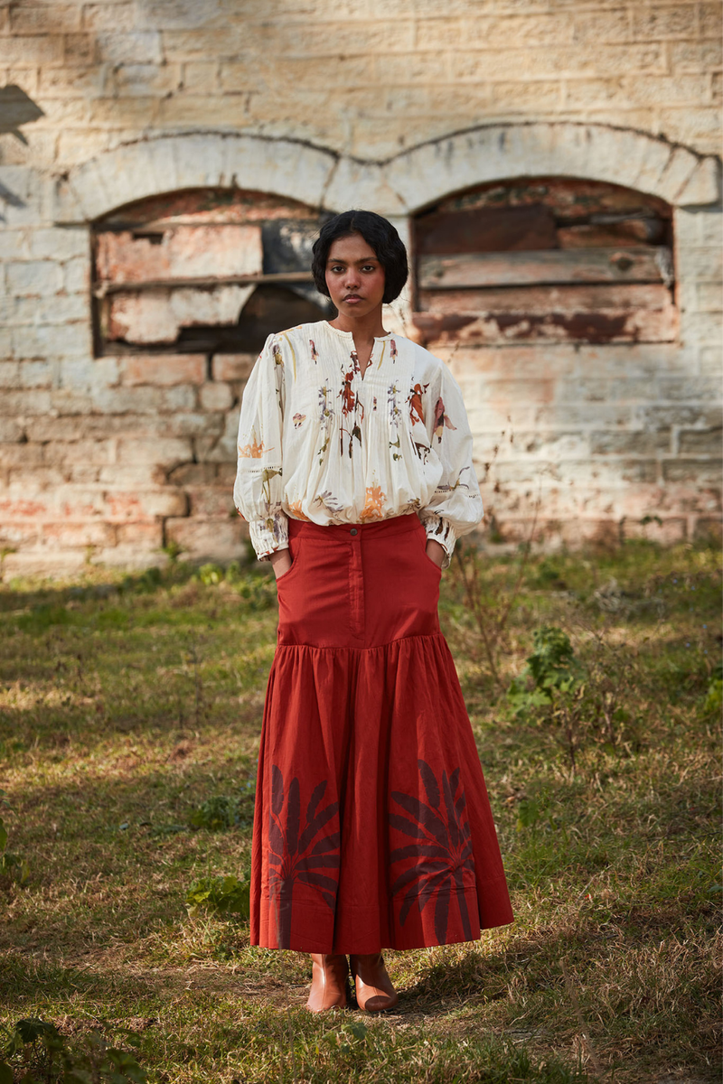 Rustic Reverie Skirt cotton by Khara Kapas in rust for women in Singapore