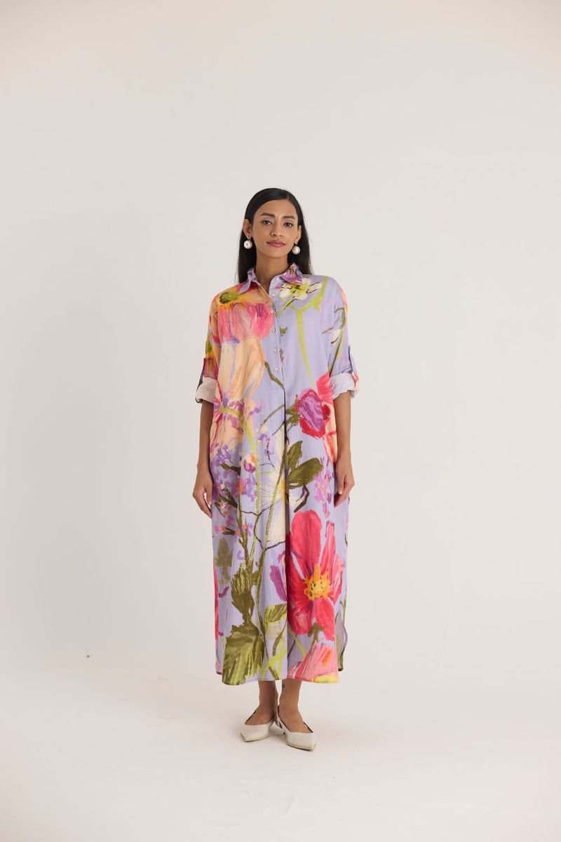 DOLLY PURPLE SHIRT DRESS satin by Yam in multi color for women in Singapore