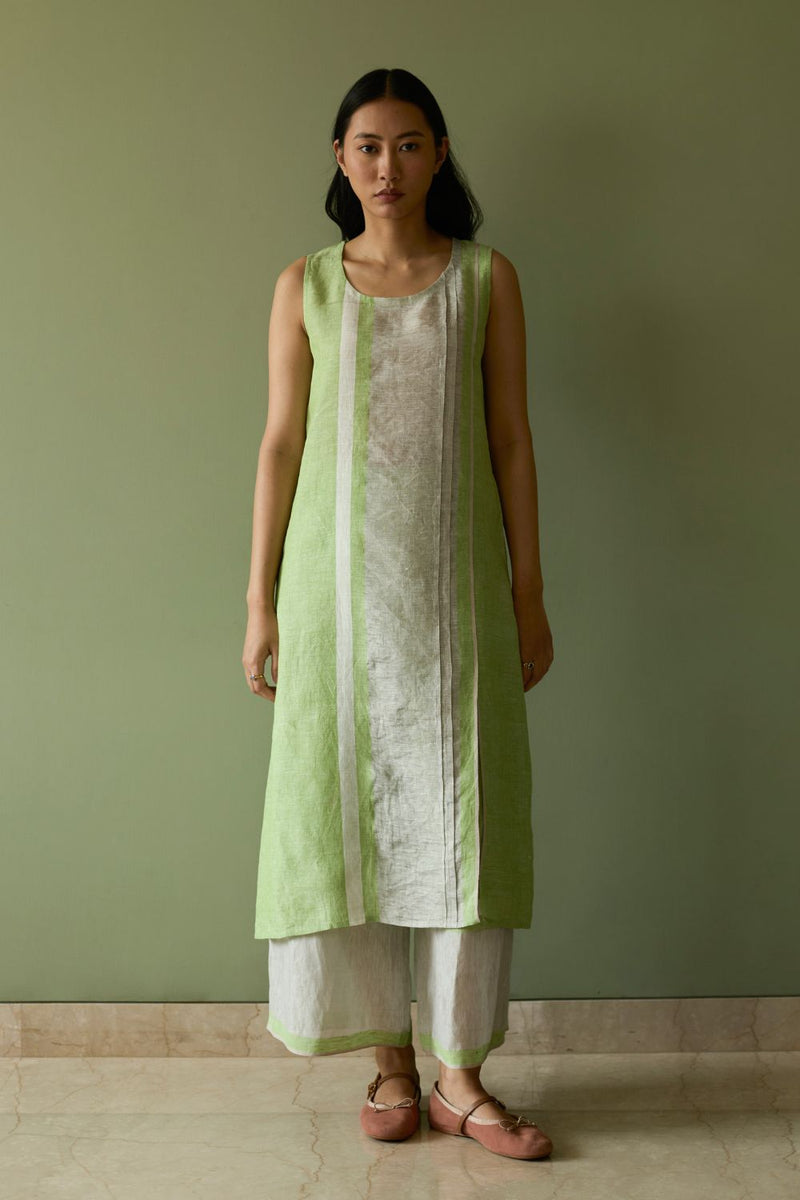 Yara Sleeveless Border Linen Kurta Set-Meadow linen by Manan in green color for women in Singapore