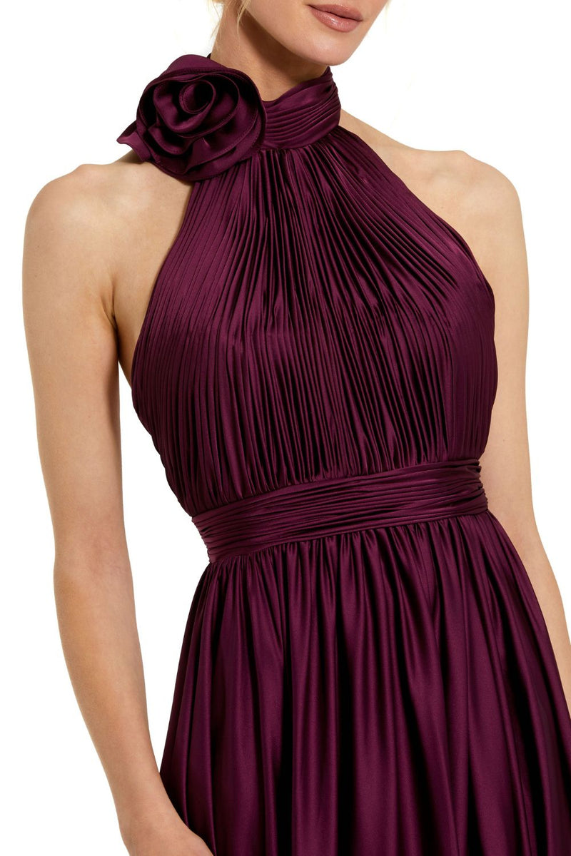 49333-Soft Tie Halter Neck High Slit Gown satin by Mac Duggal in red color for women in Singapore