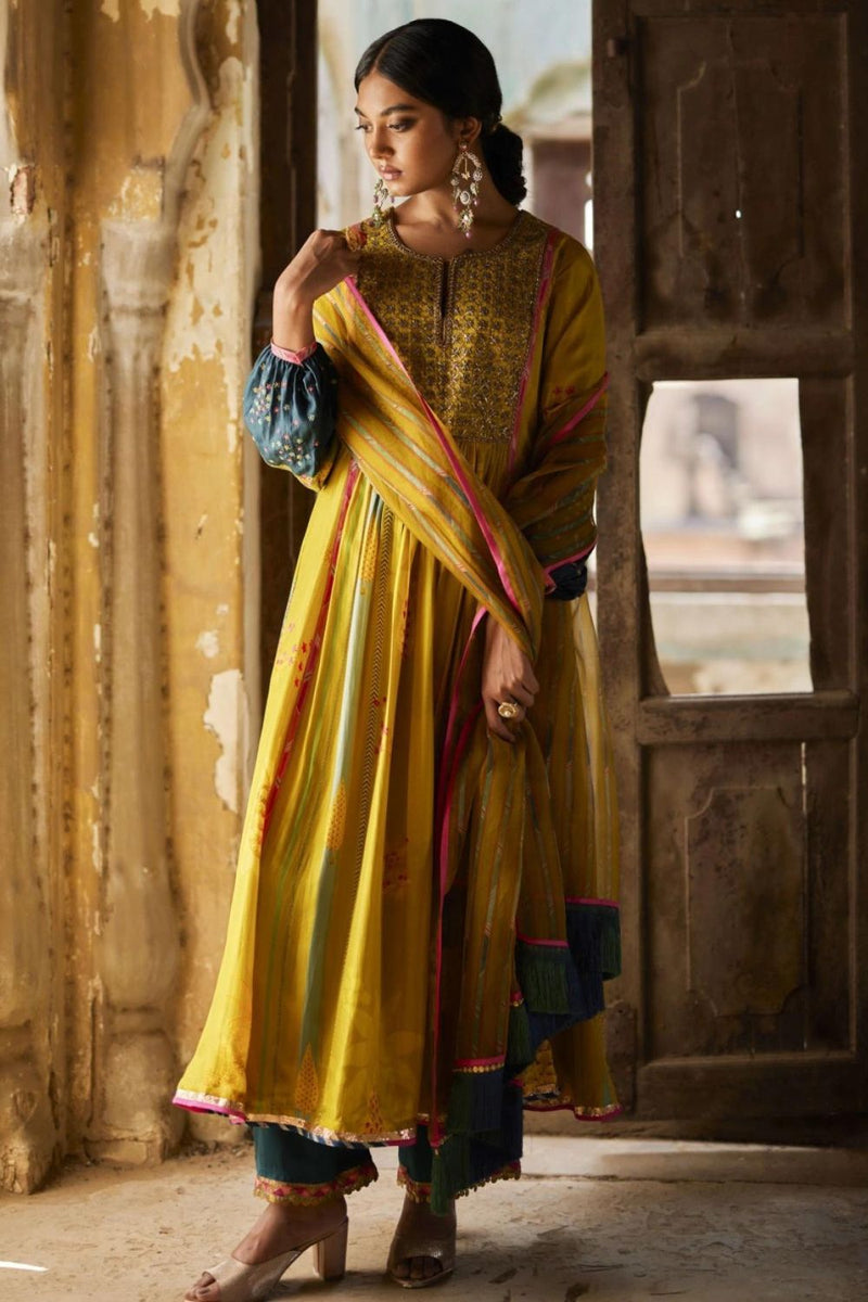 Nadira Lime Yellow Front Puckering Kurta Set silk by Rajiramniq in yellow color for women in Singapore