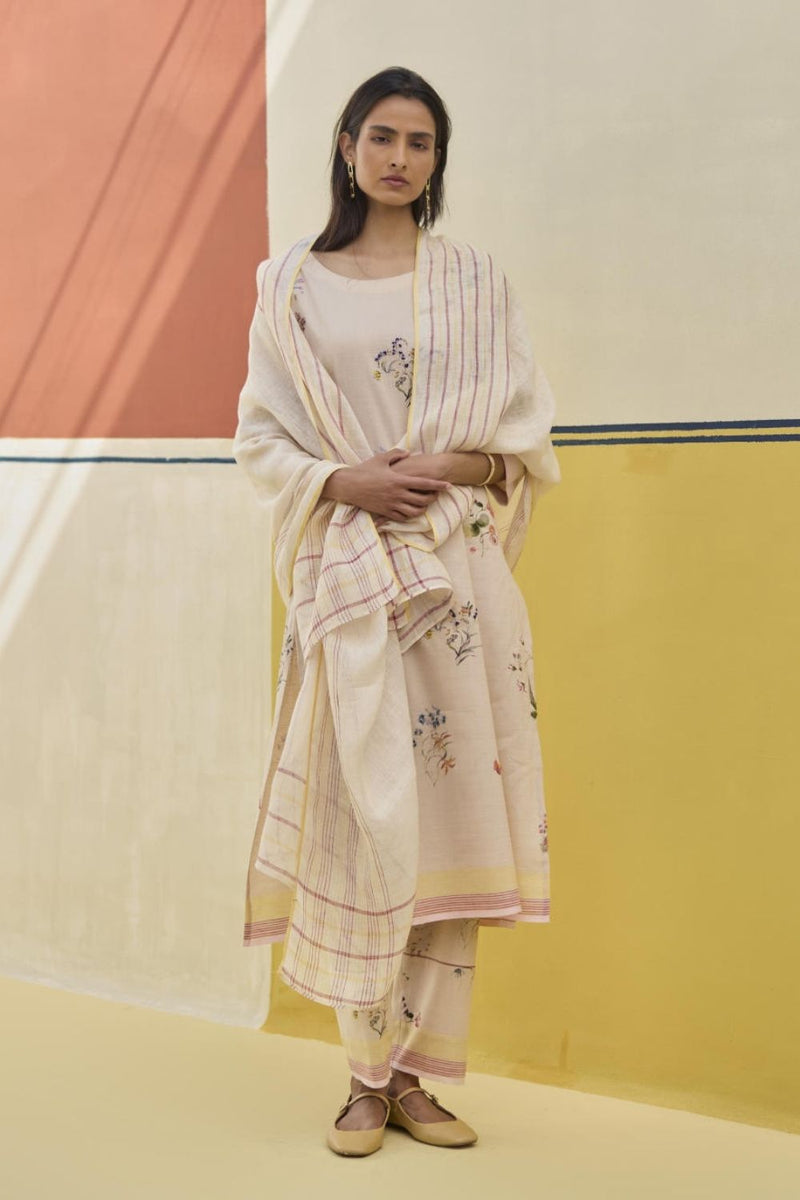 Mana Stripe Handloom Linen Dupatta - Sand linen by Manan in natural color for women in Singapore