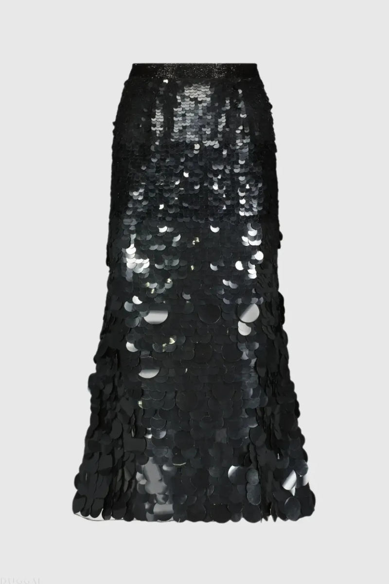 Black Paillette Sequin Midi Skirt by Mac Duggal in black color for women in Singapore