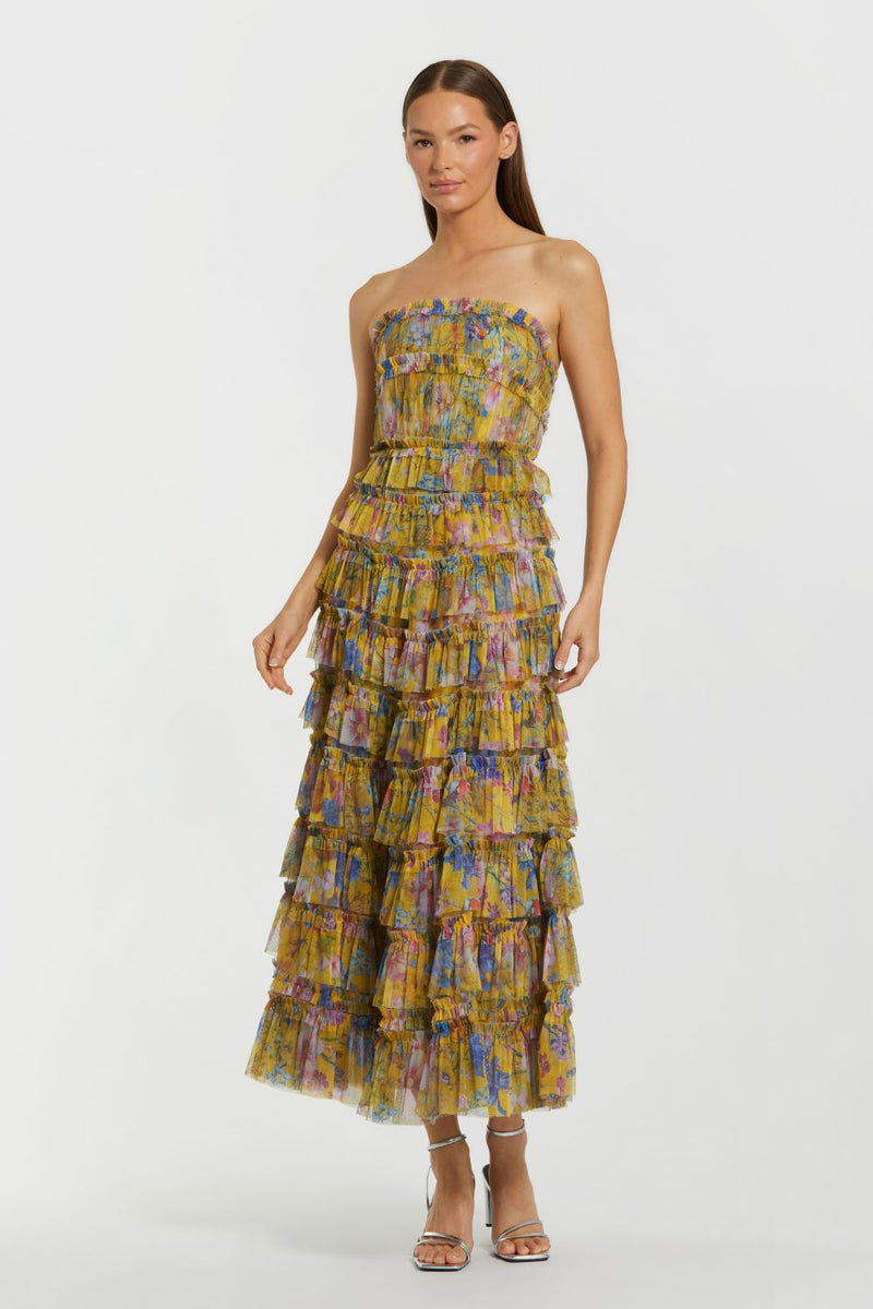 8301-Ruffle Mesh Strapless Midi Dress by Mac Duggal in yellow color for women in Singapore