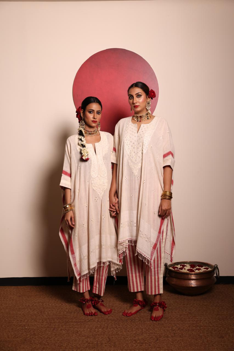 Off-white Organic kurta & Striped Pant-Narrow Embroidered Yoke