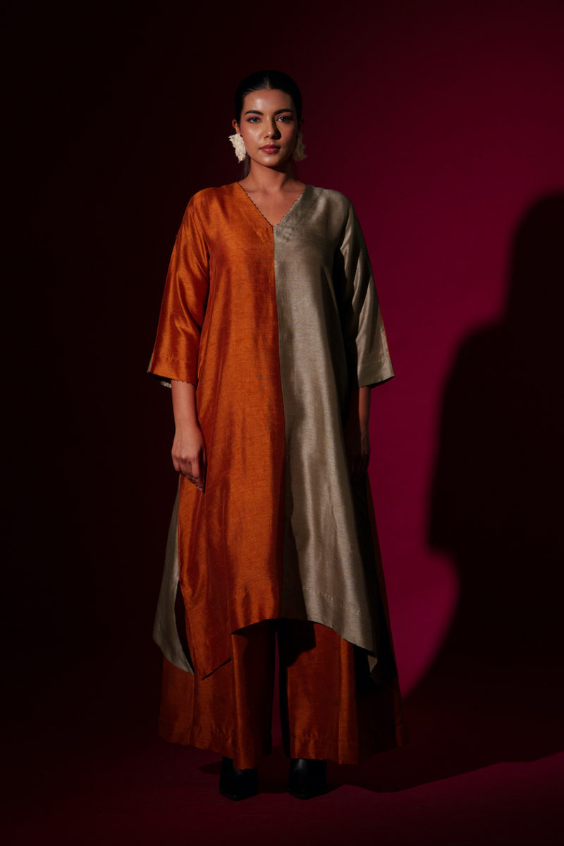 Onyx Tunic-Rust Orange + Grey mysore silk kaftans and tunics by Stoique in rust orange, grey for women in Singapore